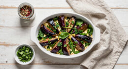 Sami Tamimi’s recipes for aubergine dolma bake with a spicy herb and spinach salad
